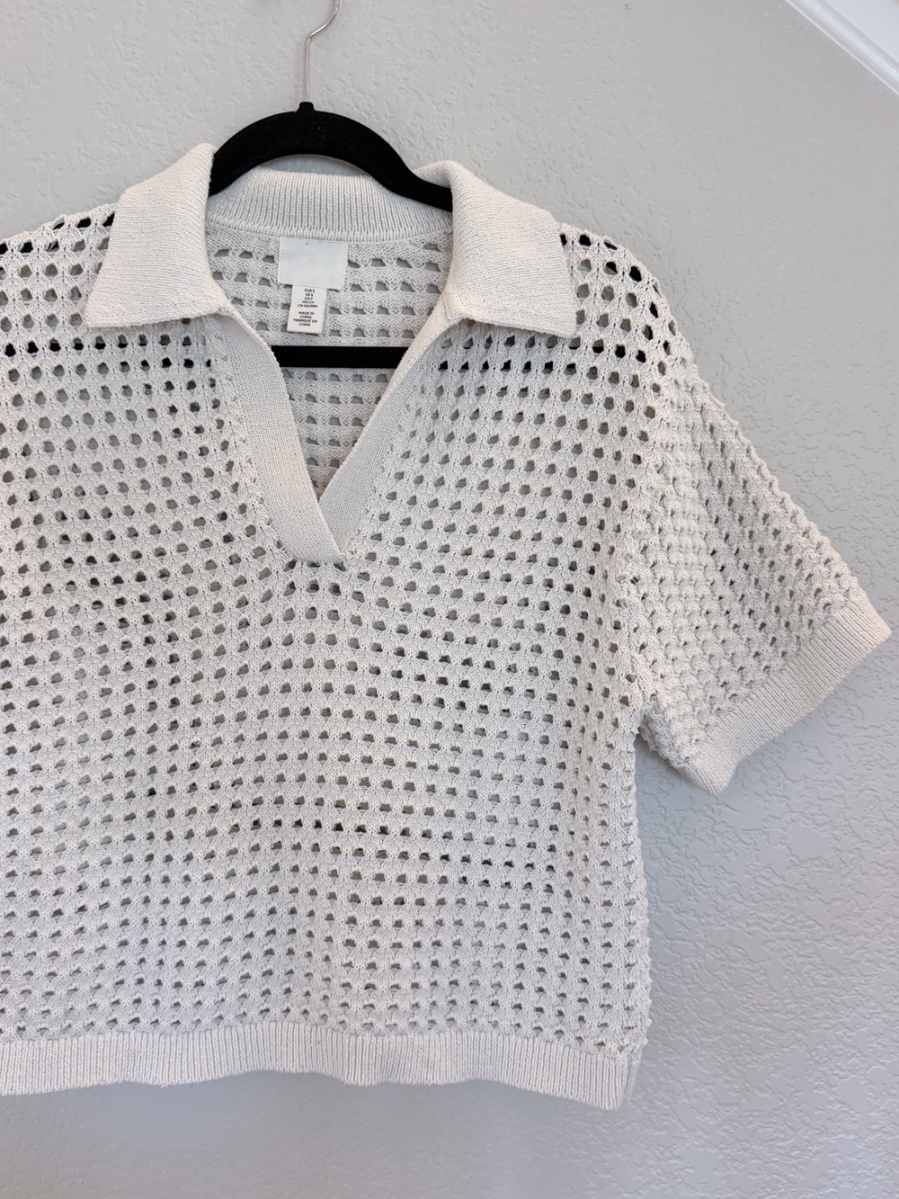 H&M Crochet Open-Collar Polo Sweater Top – Cream, Size S - Picture 2 of 7